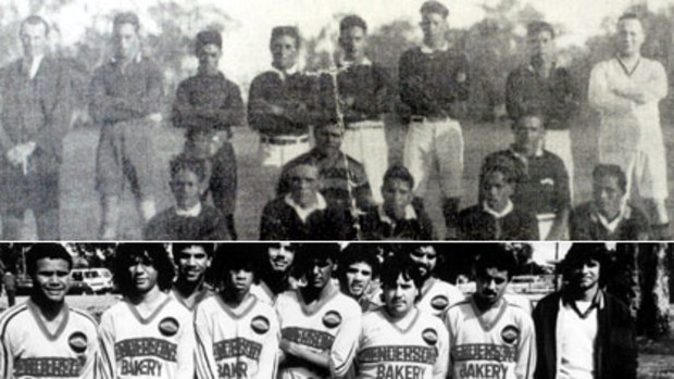 Changing faces . . . members of the Boomerangs club in 1925, top, and the team in the 90s.