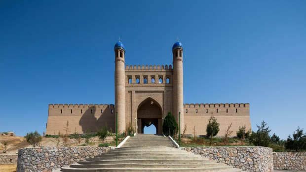 Modern reconstruction of gate of citadel of Mugh Tappa, Istaravshan, Tajikistan.


