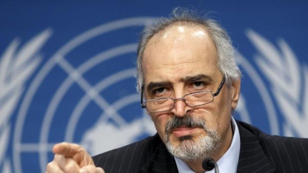 Syrian ambassador to the United Nations  Bashar Ja'afari  speaks during a press conference at the Syrian peace talks.
