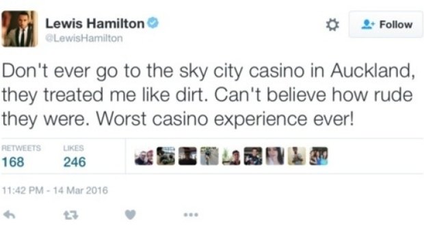 Lewis Hamilton took to Twitter to post a damning review of the Sky City casino. 
