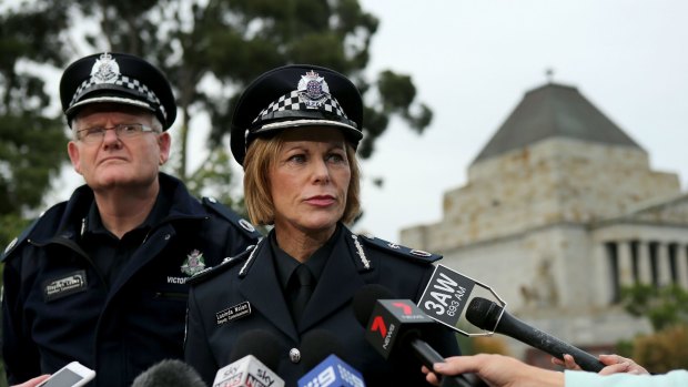 Police Assistant Commissioner Stephen Leane and Deputy Commissioner Lucinda Nolan discuss Anzac Day preparations at the Shrine of Remembrance on Friday.