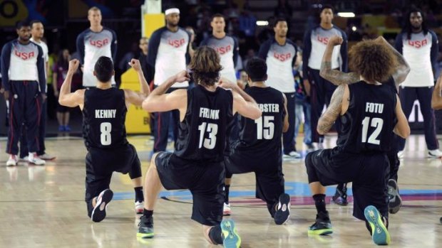 Message sent: New Zealand's Tall Blacks perform the haka before their World Cup match against the USA.