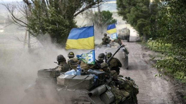Ukrainian troops are pictured near Slaviansk.   