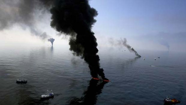 Oil burns in the Gulf of Mexico.