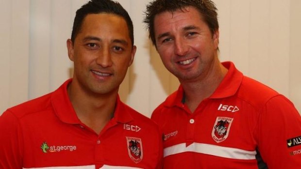 Puzzling selections: Dragons coach Steve Price (R) has used four halfbacks this season including Benji Marshall.