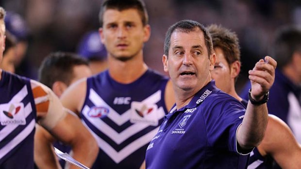 Job to do: Fremantle coach Ross Lyon directs his Dockers.