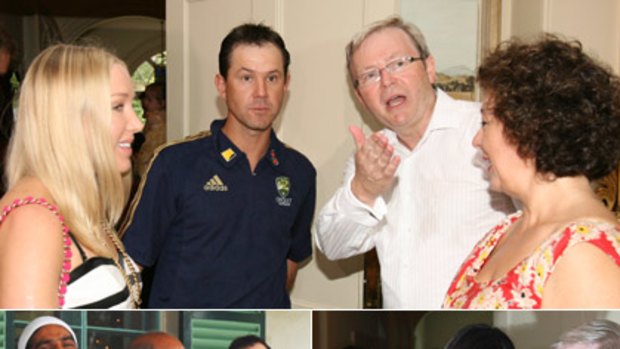 Clockwise from top: Kevin Rudd and Therese Rein greet Ricky and Rianna Ponting; with Mohammad Aamer and manager Abdul Raqeeb; Ponting with Mohammad Yousuf and coach Intikhab Alam.