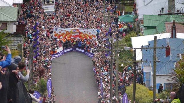 50,000 Jaffas roll down world's steepest street in Dunedin, New Zealand.