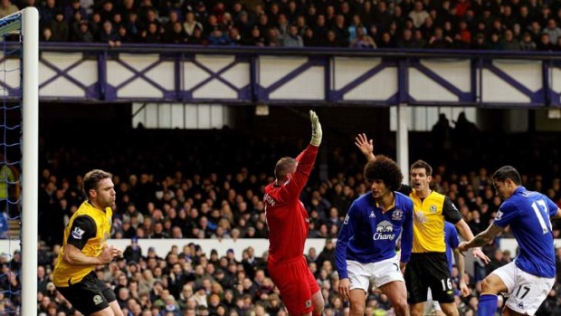 Overdue goal &#8230; Tim Cahill ends a scoreless 13 months with Everton.