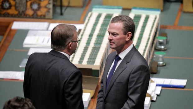High-pitched battle ... Anthony Albanese and Christopher Pyne talk on the floor of Parliament.