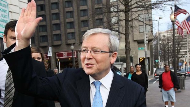 Farewell but not goodbye &#8230; Kevin Rudd leaving the Willard hotel in Washington to return to Australia and a possible tilt at the leadership.