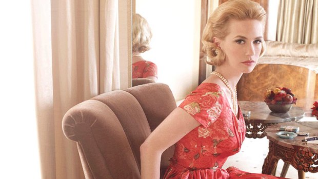 January Jones as Mad Men's Betty Draper. Pointy bras turned breasts into 'javelins' and rubbed red raw.