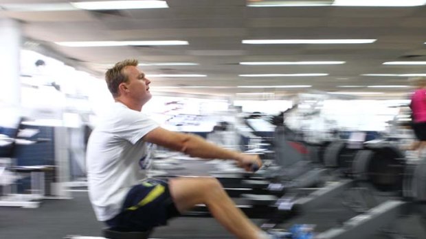 Feeling the strain &#8230; Doug Bollinger works up a sweat on a rowing machine.