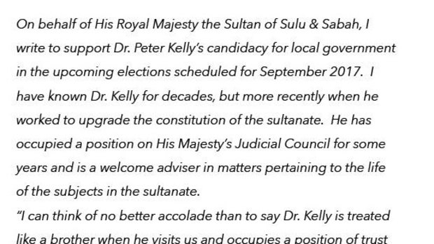 Peter Kelly's endorsement from Prince Omar Kiram, cousin of the Sultan of the self-styled Sultanate of Sulu and Sabah.