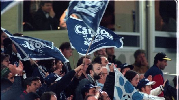 Carlton soccer fans at the 1997/1998 NSL grand final.