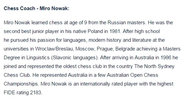 Description of chess coach Miro Nowak on the Sacred Heart Mosman website.