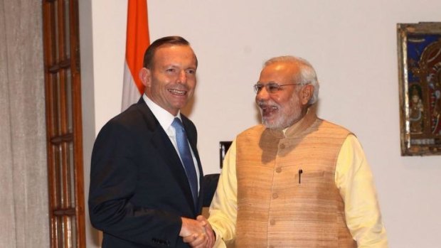First encounter: Prime Minister Tony Abbott and Mr Modi met in Delhi in September.