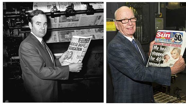 Rupert Murdoch with the first edition of The Sun in 1969 and with the first edition of The Sun on Sunday last night.