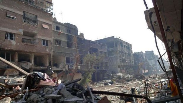 Destroyed: A street in Yarmouk in southern Damascus. 