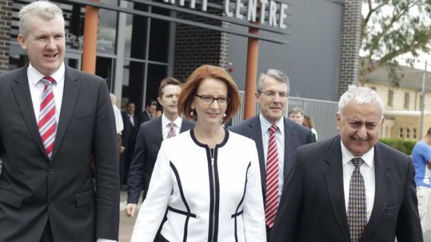 Prime Minister Julia Gillard, with ministers Tony Burke, Jason Clare, Mark Dreyfus and Daryl Melham at the announcement of national anti-gang laws.