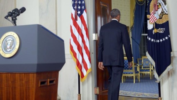 US President Barack Obama leaves the podium after his speech.