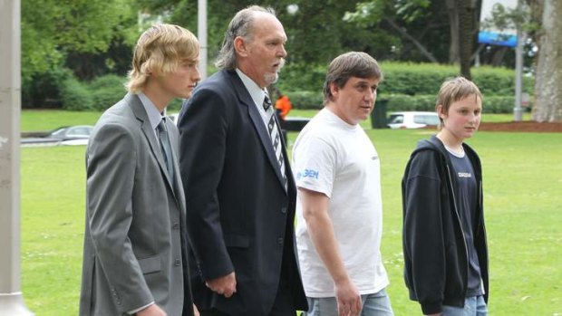 (From left) Belinda's son, Cody Peisley with his grandfather Mark Wearne, and Belinda's former partner  William Moffett (white shirt) with their son Billy Moffett.