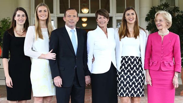 Tony Abbott, here with daughters Louise, Bridget and Frances, wife Margie and Governor-General Quentin Bryce, was sworn in as Prime Minister on Wednesday at Government House.