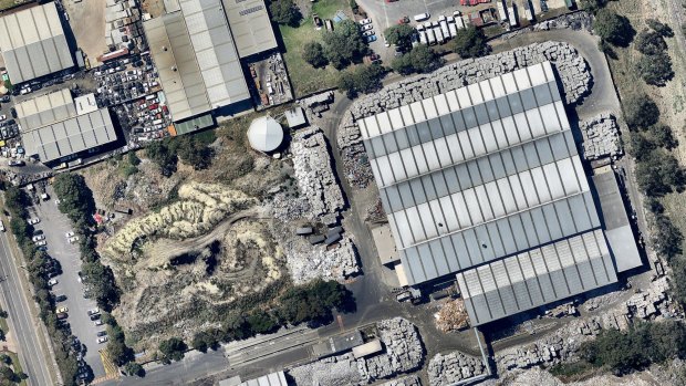 This aerial image, shot in February, shows recycling piling up at SKM's Coolaroo site.