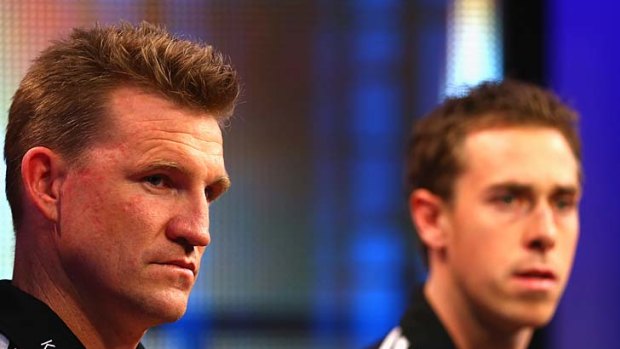 Nathan Buckley and Nick Maxwell speak to the media yesterday.