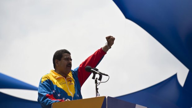 Venezuelan President in Charge Nicolas Maduro delivers a speech during the official registration of his candidacy in Caracas.