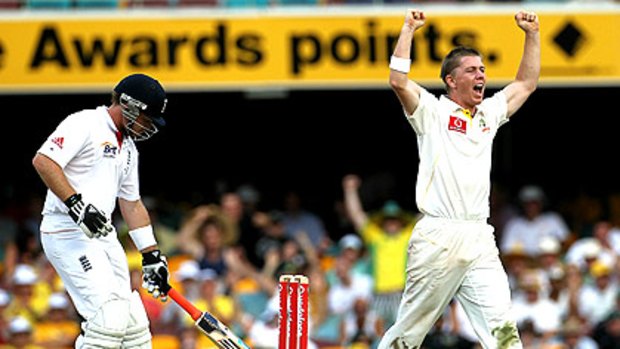 Xavier Doherty celebrates his first Test wicket, that of England’s top-scorer Ian Bell.