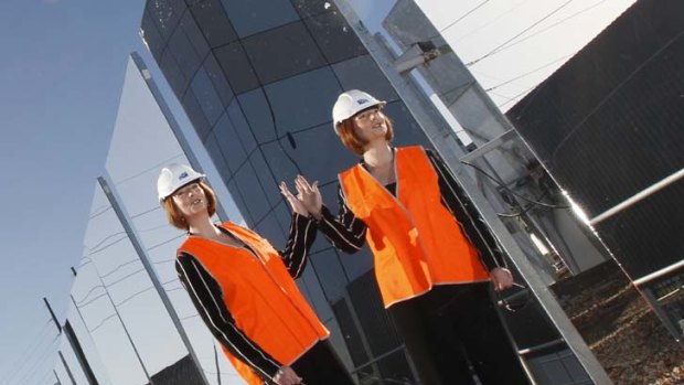 Reflecting on the polls?   ... Julia Gillard at a new solar thermal tower at the CSIRO Energy Centre in Newcastle yesterday.