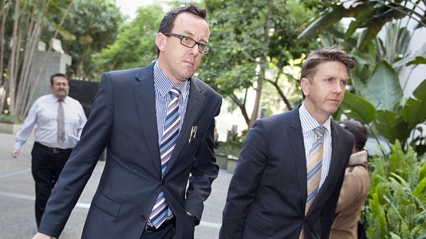 Solicitors for Gerard Baden-Clay, Darren Mahony and Jason Jacobson arrive at court yesterday.