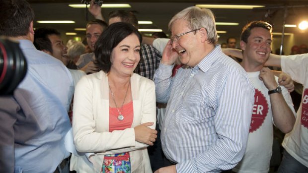 Charisma: A jubilant Kevin Rudd with Terri Butler after her win in the Griffith byelection.