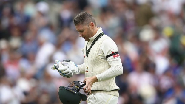 The walk: Michael Clarke exits the crease in his last Test after being dismissed by Ben Stokes at the Oval.