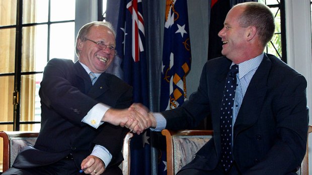 Then-premier Peter Beattie and then-lord mayor Campbell Newman enjoyed a close working relationship. Here, in 2005, they sign off on what would become the Clem7 tunnel.