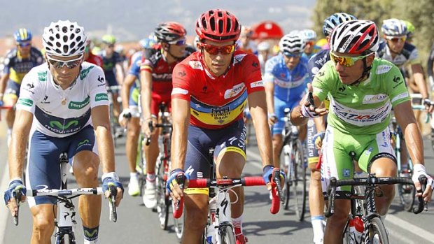 Alberto Contador (centre) with Alejandro Valverde (left) and Joaquim "Purito" Rodriguez during the 21st stage of the Tour of Spain.