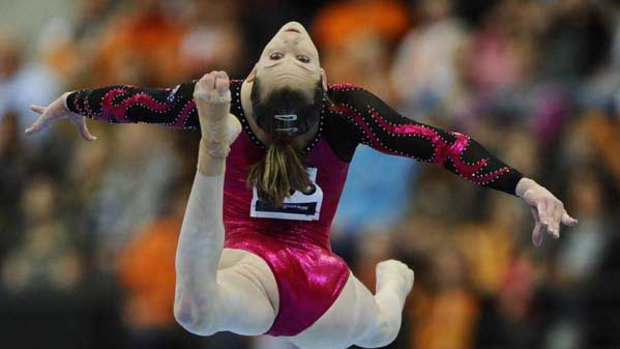 Lauren Mitchell in the women's floor finals at the Artistic Gymnastics World Championships in Rotterdam.