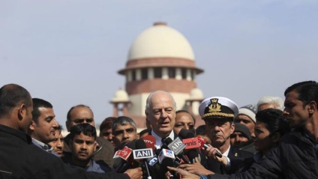Italian government envoy Staffan de Mistura speaks to journalists after a court hearing at the Supreme Court in New Delhi.