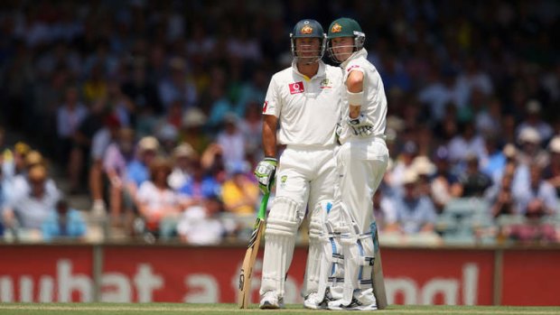 What happens on the field: Ricky Ponting  and Michael Clarke at the crease together.