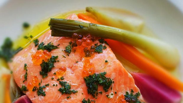 Poached Salmon with autumn vegetables and salmon roe.
