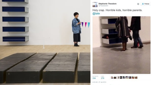 Left: an artist performs live art alongside 'Untitled' by Donald Judd, at the Tate Modern this year. Right: This photo of children climbing over a Donald Judd sculpture was posted on Twitter.