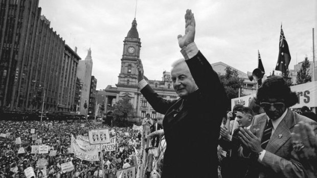 Headstrong: Former Prime Minister Gough Whitlam addresses a political rally in Melbourne's City Square.