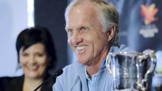 Plugger ... Greg Norman talks up the Australian Open as NSW Yourism Minister Jodi McKay looks on.