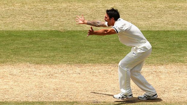 Mitchell Johnson appeals for a leg-before decision against Ben Stokes.
