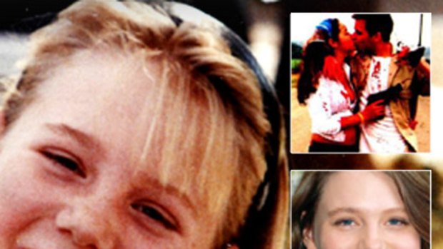 Jaycee Dugard before her kidnap, (bottom) a recent photo of her, and (top) the poster for 'Romance Road Killers'.
