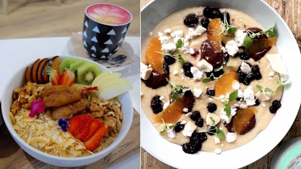 A colourful bowl of porridge awaits at Jujuberry+co (left) while a fruit filled polenta porridge is on the menu at Stimulatte (picture by Stimulatte Cafe).