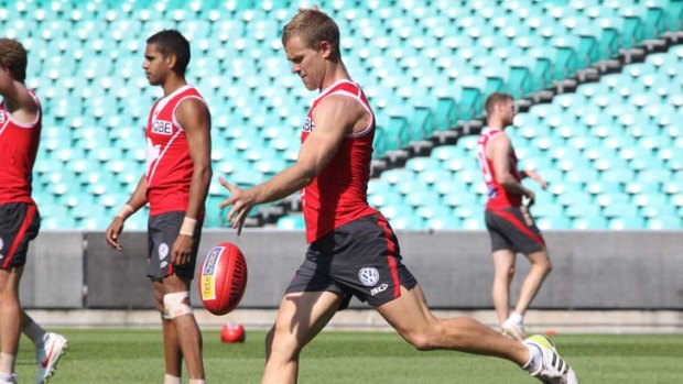 Fit to play &#8230; Ryan O'Keefe shows no lingering effects from his pre-season knee injury during Swans training at the SCG yesterday.