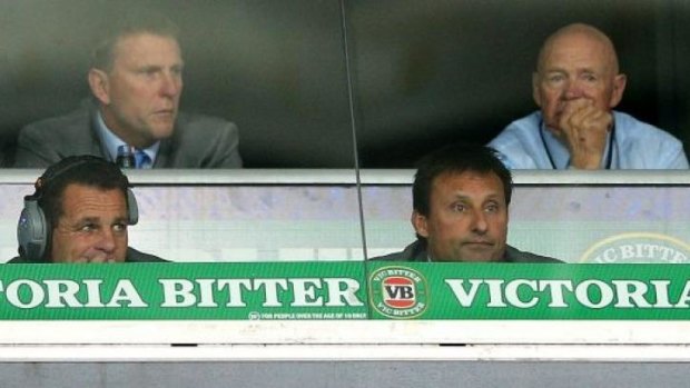Oversight: Bob Fulton (back, right) sits behind Laurie Daley (front, right) and Matt Parish (front, left) during last year's Origin series.