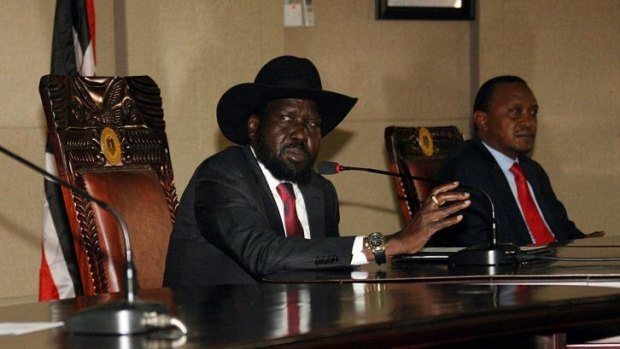 South Sudan President, Salva Kiir, left,  with his Kenyan counterpart Uhuru Kenyatta during peace talks on Boxing Day at Kiir's office in Juba.